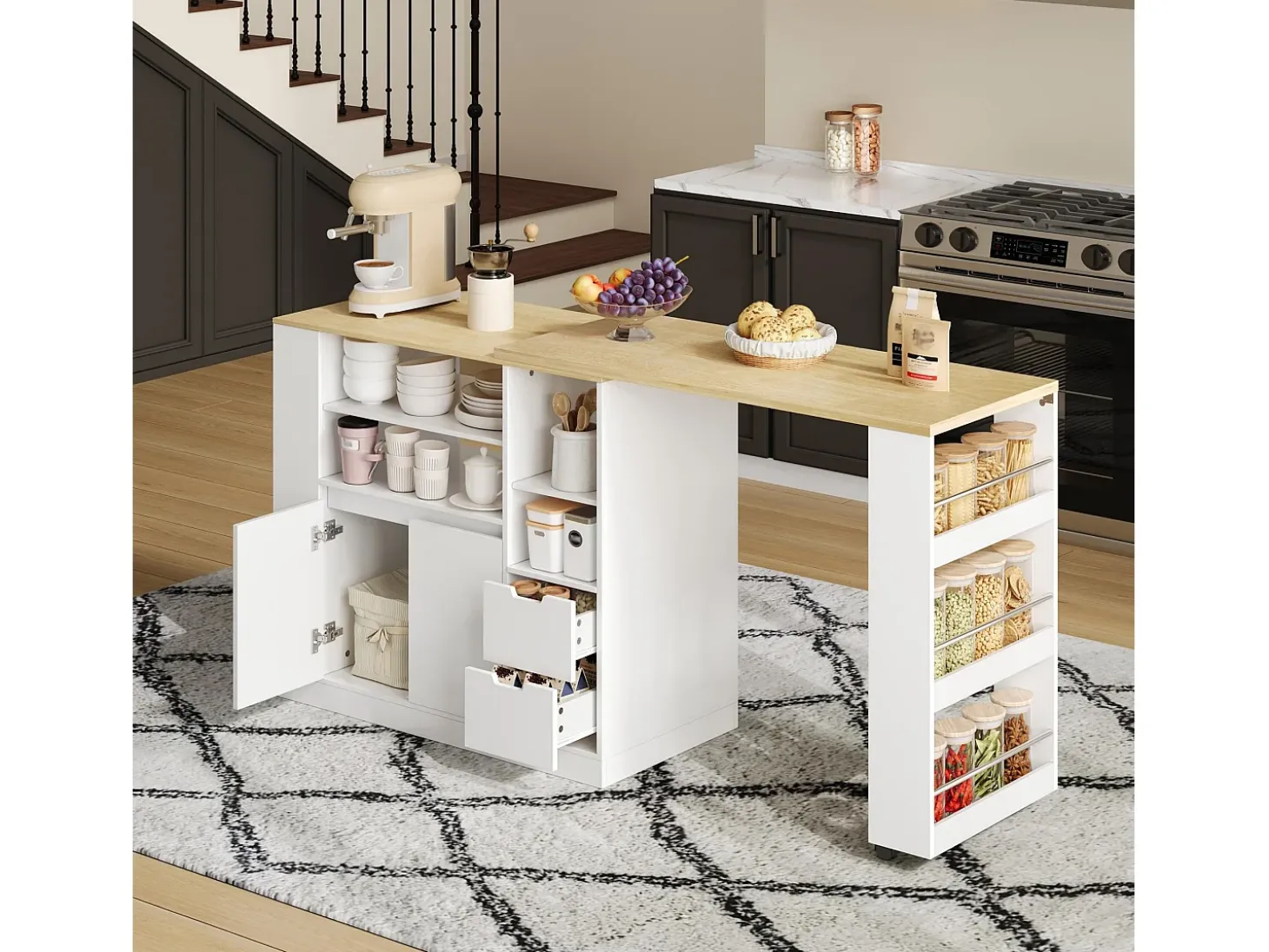Isla de cocina con encimera extensible, 2 cajones y 2 puertas - Blanco y madera