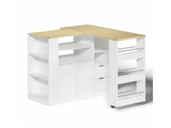 Isla de cocina con encimera extensible, 2 cajones y 2 puertas - Blanco y madera