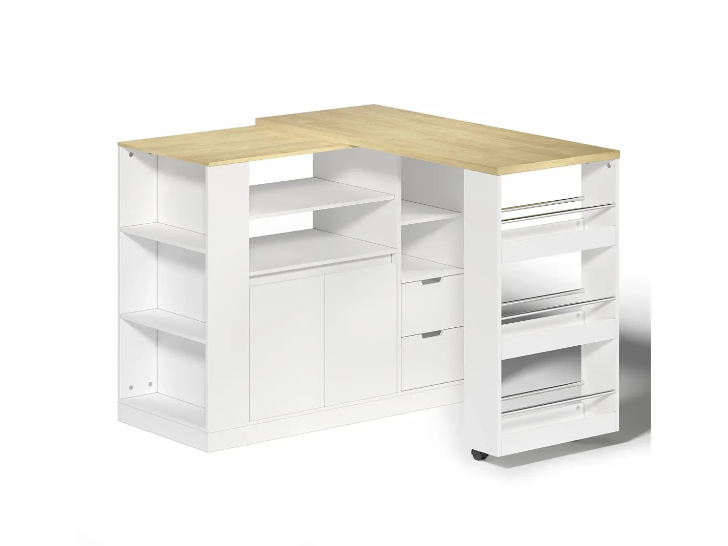 Isla de cocina con encimera extensible, 2 cajones y 2 puertas - Blanco y madera