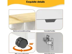 Isla de cocina con encimera extensible, 2 cajones y 2 puertas - Blanco y madera