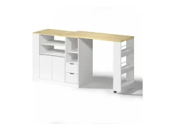 Isla de cocina con encimera extensible, 2 cajones y 2 puertas - Blanco y madera