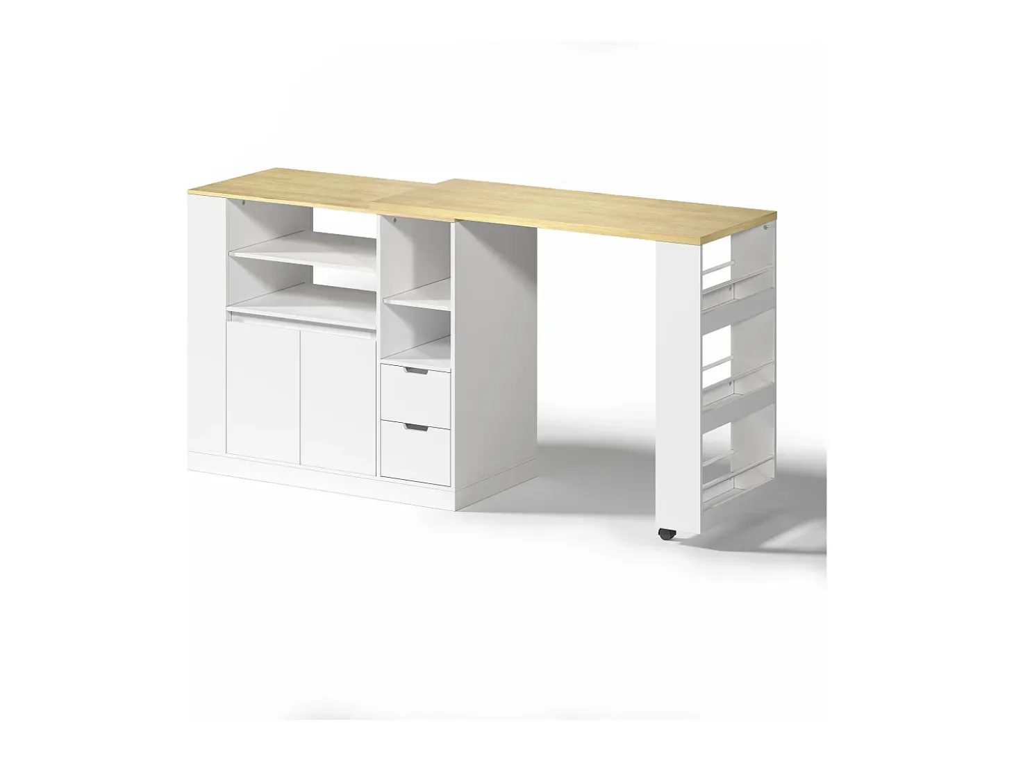 Isla de cocina con encimera extensible, 2 cajones y 2 puertas - Blanco y madera