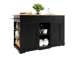 Isla de cocina con encimera abatible, toma de corriente, almacenaje, MDF y metal, color negro y natural (151,5x59,7x91,7 cm)