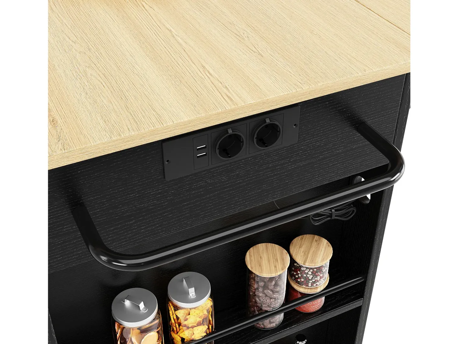 Isla de cocina con encimera abatible, toma de corriente, almacenaje, MDF y metal, color negro y natural (151,5x59,7x91,7 cm)