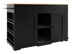 Isla de cocina con encimera abatible, toma de corriente, almacenaje, MDF y metal, color negro y natural (151,5x59,7x91,7 cm)