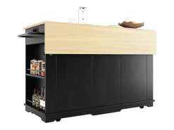 Isla de cocina con encimera abatible, toma de corriente, almacenaje, MDF y metal, color negro y natural (151,5x59,7x91,7 cm)