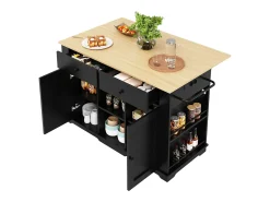 Isla de cocina con encimera abatible, toma de corriente, almacenaje, MDF y metal, color negro y natural (151,5x59,7x91,7 cm)