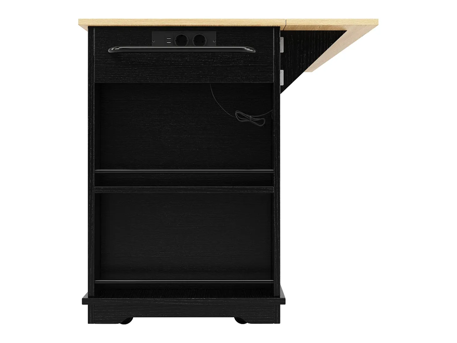 Isla de cocina con encimera abatible, toma de corriente, almacenaje, MDF y metal, color negro y natural (151,5x59,7x91,7 cm)