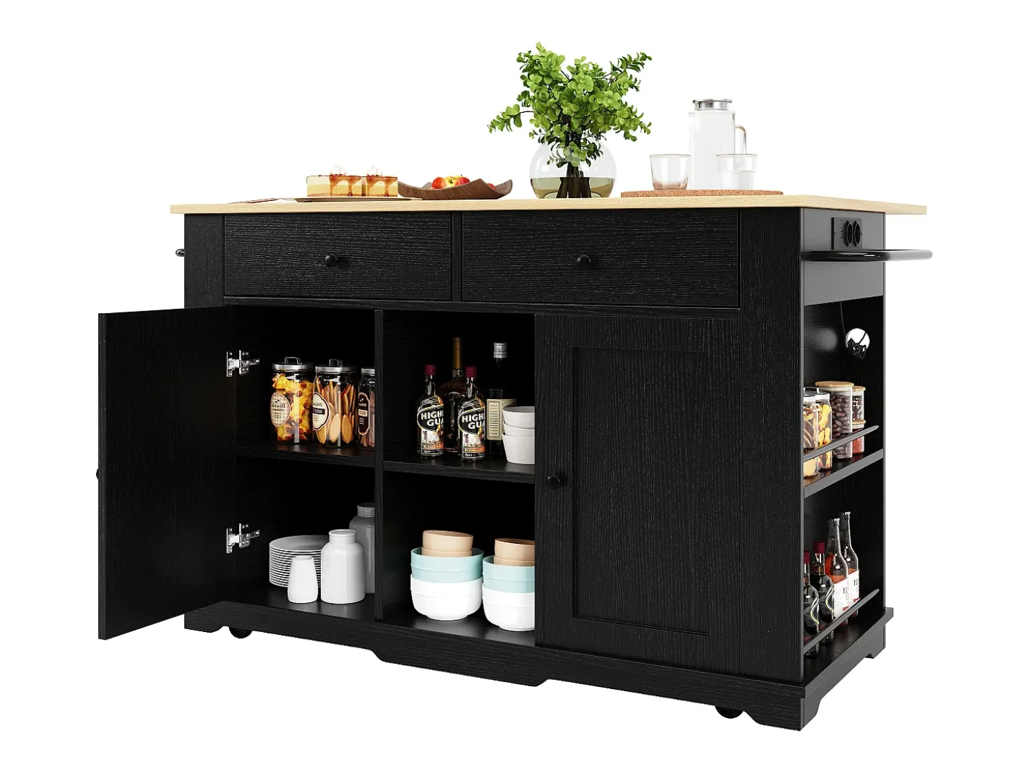 Isla de cocina con encimera abatible, toma de corriente, almacenaje, MDF y metal, color negro y natural (151,5x59,7x91,7 cm)