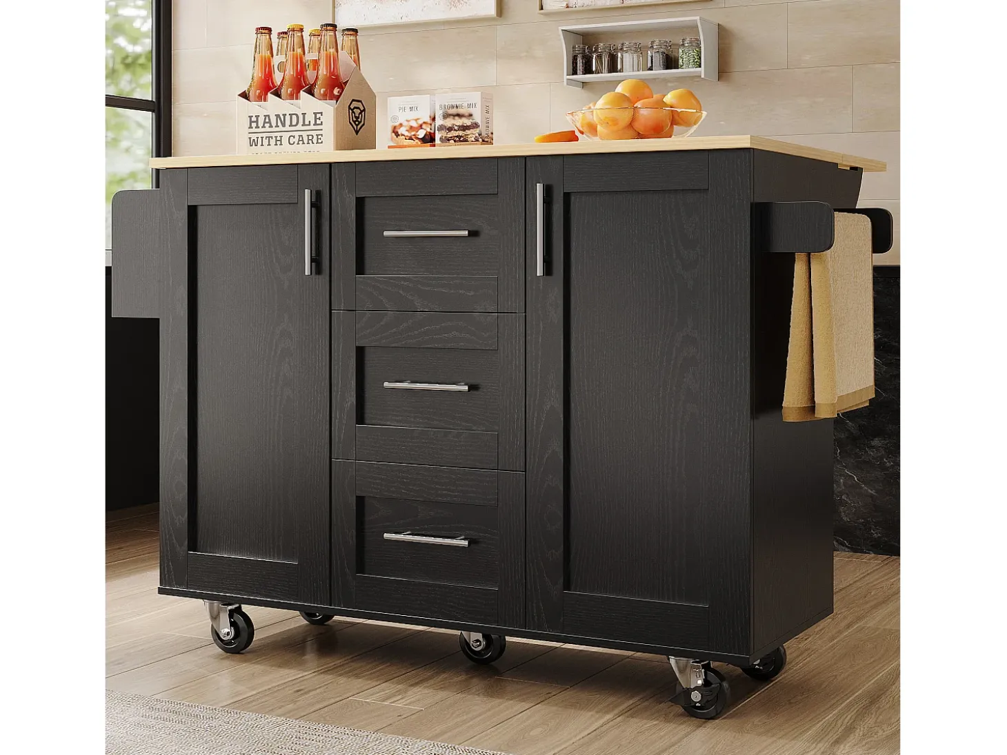 Isla de cocina con encimera, tabiques extraíbles, ruedas y toallero lateral, madera natural, negro (135x46x86,6 cm)