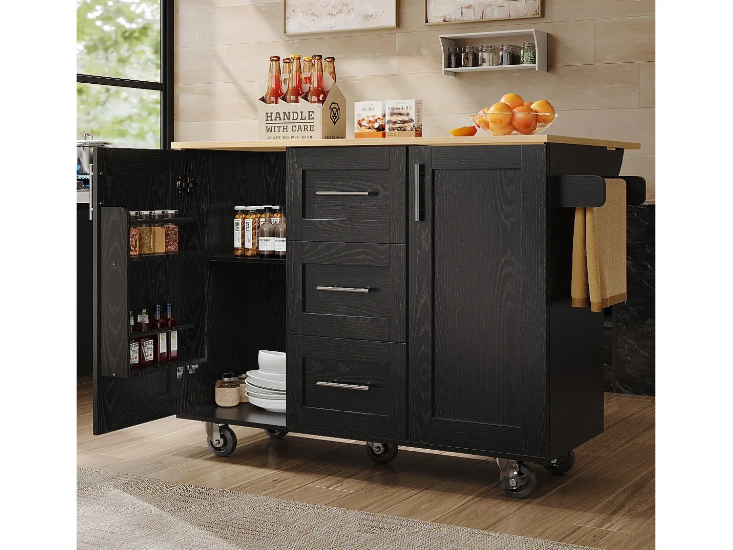 Isla de cocina con encimera, tabiques extraíbles, ruedas y toallero lateral, madera natural, negro (135x46x86,6 cm)