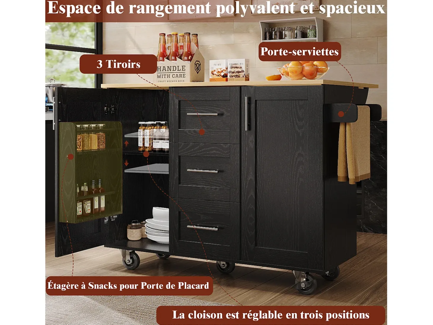Isla de cocina con encimera, tabiques extraíbles, ruedas y toallero lateral, madera natural, negro (135x46x86,6 cm)
