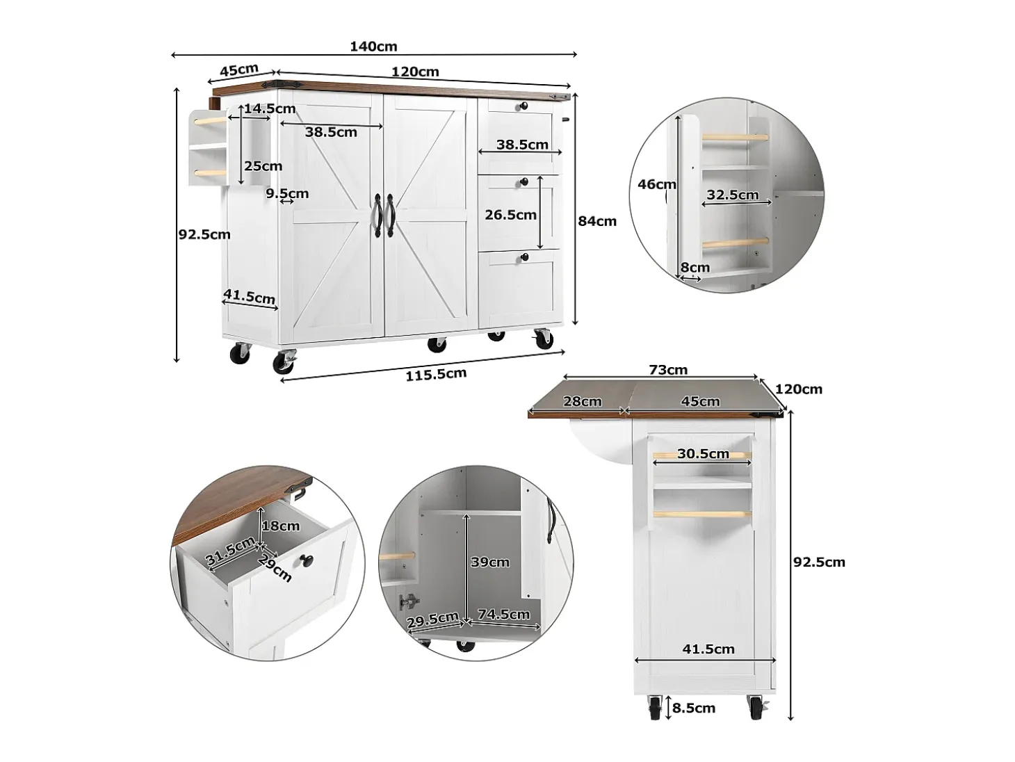 Isla de cocina con encimera extensible, carro de servicio con ruedas, con 2 puertas y 3 cajones, MDF beige y madera (140x45x92,5 cm)