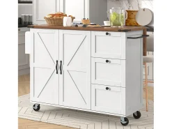 Isla de cocina con encimera extensible, carro de servicio con ruedas, con 2 puertas y 3 cajones, MDF beige y madera (140x45x92,5 cm)