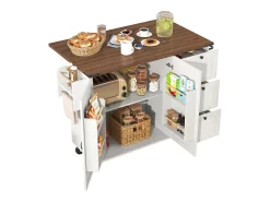 Isla de cocina con encimera extensible, carro de servicio con ruedas, con 2 puertas y 3 cajones, MDF beige y madera (140x45x92,5 cm)