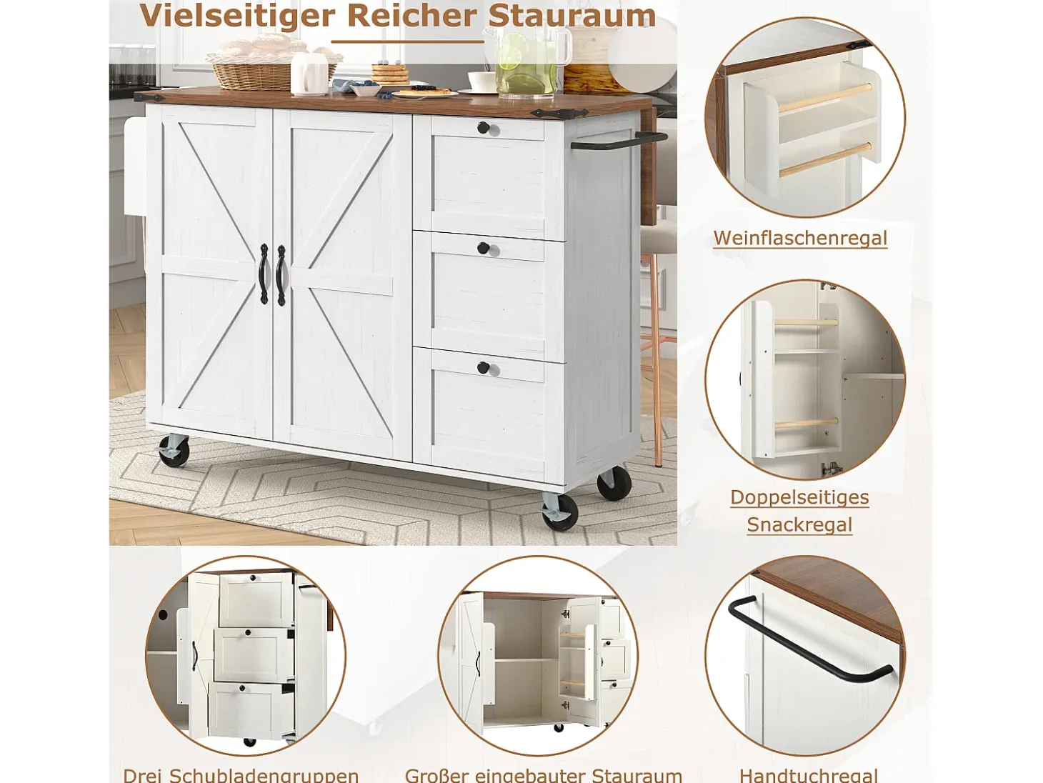 Isla de cocina con encimera extensible, carro de servicio con ruedas, con 2 puertas y 3 cajones, MDF beige y madera (140x45x92,5 cm)