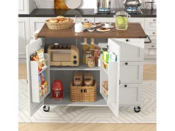 Isla de cocina con encimera extensible, carro de servicio con ruedas, con 2 puertas y 3 cajones, MDF beige y madera (140x45x92,5 cm)