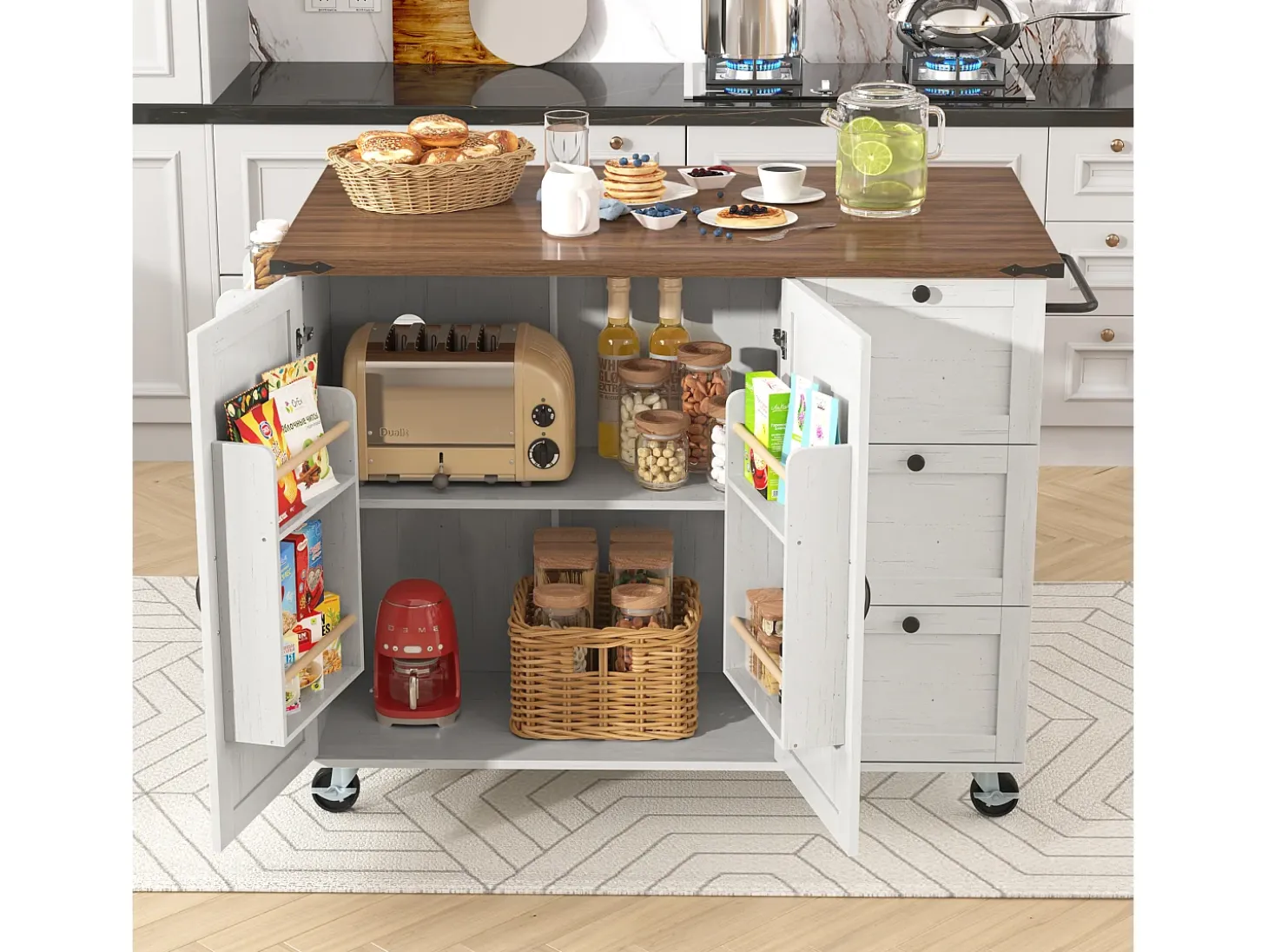 Isla de cocina con encimera extensible, carro de servicio con ruedas, con 2 puertas y 3 cajones, MDF beige y madera (140x45x92,5 cm)