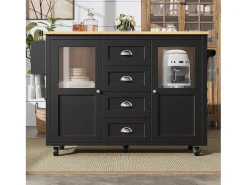 Isla de cocina con mesa plegable, almacenaje con ruedas, MDF y metal, blanco y negro (137,9x73x92,5 cm)