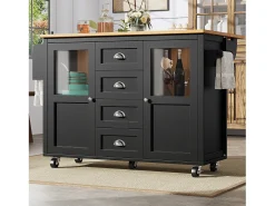 Isla de cocina con mesa plegable, almacenaje con ruedas, MDF y metal, blanco y negro (137,9x73x92,5 cm)