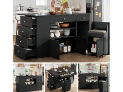 Isla de cocina con mesa plegable - 140 x 40/70 x 89 cm - con taburetes + 6 cajones + puerta - MDF + metal - negro