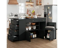 Isla de cocina con mesa plegable - 140 x 40/70 x 89 cm - con taburetes + 6 cajones + puerta - MDF + metal - negro