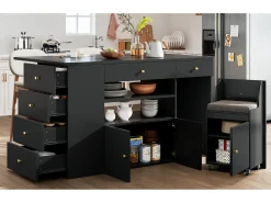 Isla de cocina con mesa plegable - 140 x 40/70 x 89 cm - con taburetes + 6 cajones + puerta - MDF + metal - negro