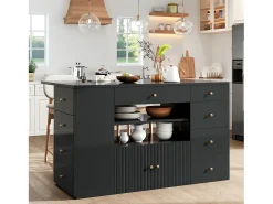 Isla de cocina con mesa plegable - 140 x 40/70 x 89 cm - con taburetes + 6 cajones + puerta - MDF + metal - negro