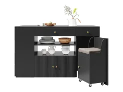 Isla de cocina con mesa plegable - 140 x 40/70 x 89 cm - con taburetes + 6 cajones + puerta - MDF + metal - negro
