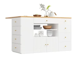 Isla de cocina con mesa plegable - 140 x 40/70 x 89 cm - con taburetes + 6 cajones + puerta - MDF + metal - blanco