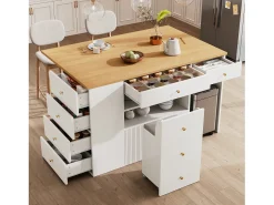 Isla de cocina con mesa plegable - 140 x 40/70 x 89 cm - con taburetes + 6 cajones + puerta - MDF + metal - blanco