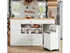 Isla de cocina con mesa plegable - 140 x 40/70 x 89 cm - con taburetes + 6 cajones + puerta - MDF + metal - blanco