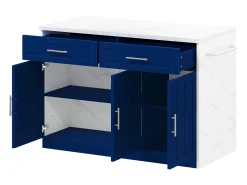 Isla de cocina con puerto USB, 3 puertas y 2 cajones - MDF - Blanca y azul - para salón y cocina