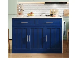 Isla de cocina con puerto USB, 3 puertas y 2 cajones - MDF - Blanca y azul - para salón y cocina