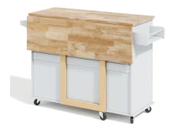Isla de cocina con ruedas 137x43/76 cm con 3 cajones y 2 puertas - Gris y madera