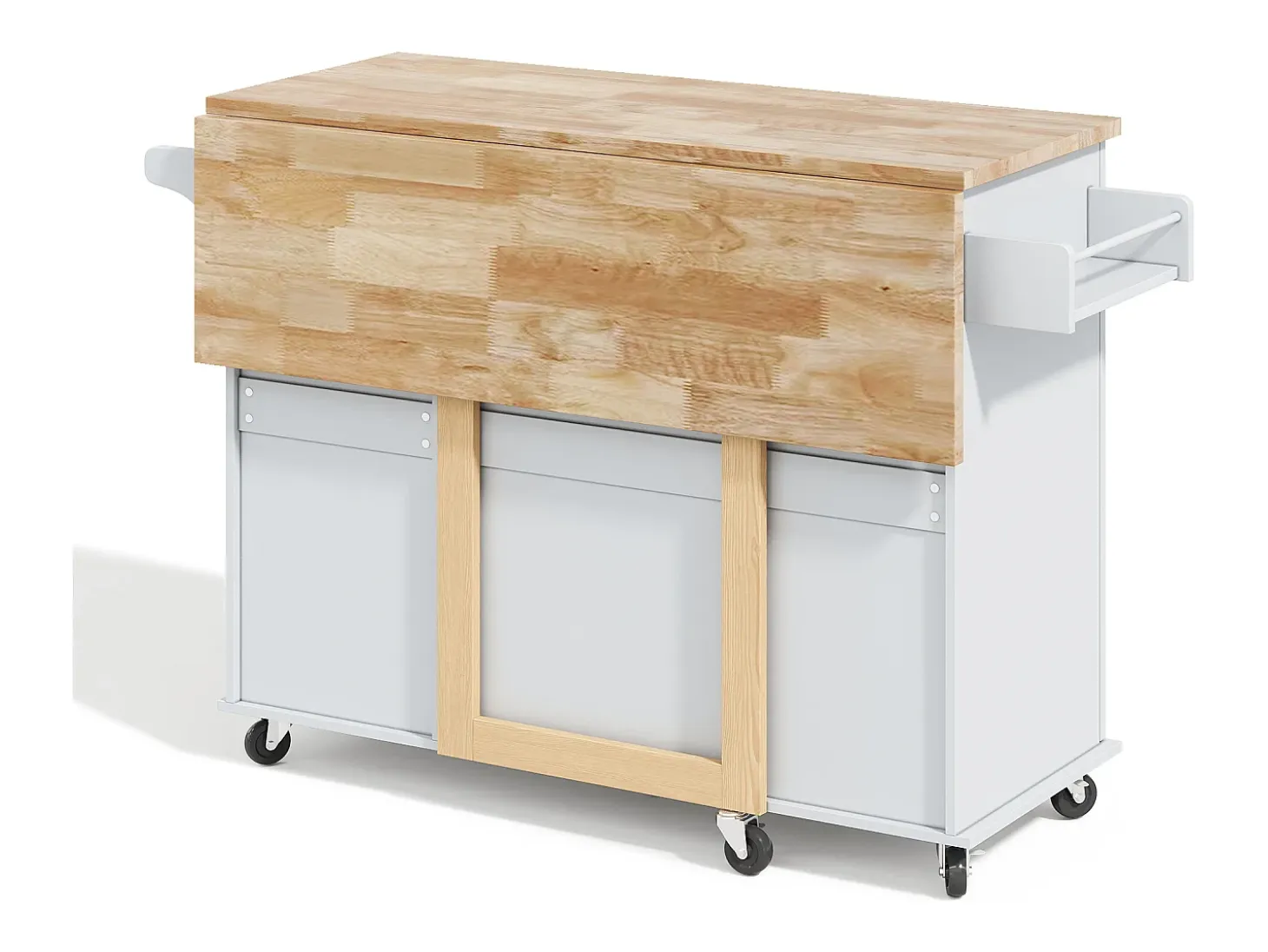 Isla de cocina con ruedas 137x43/76 cm con 3 cajones y 2 puertas - Gris y madera