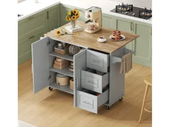 Isla de cocina con ruedas 137x43/76 cm con 3 cajones y 2 puertas - Gris y madera