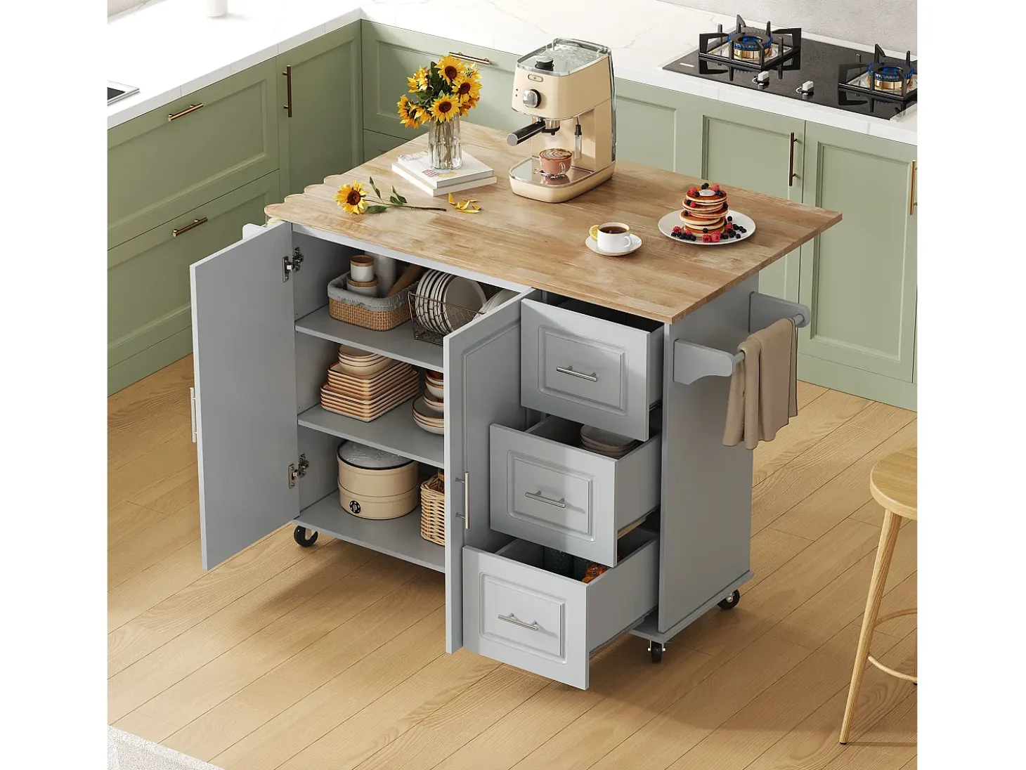 Isla de cocina con ruedas 137x43/76 cm con 3 cajones y 2 puertas - Gris y madera