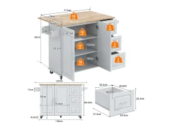 Isla de cocina con ruedas 137x43/76 cm con 3 cajones y 2 puertas - Gris y madera