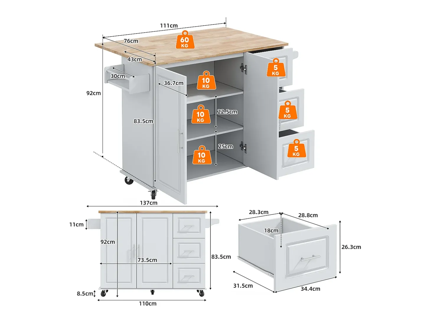Isla de cocina con ruedas 137x43/76 cm con 3 cajones y 2 puertas - Gris y madera