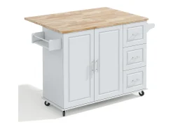Isla de cocina con ruedas 137x43/76 cm con 3 cajones y 2 puertas - Gris y madera