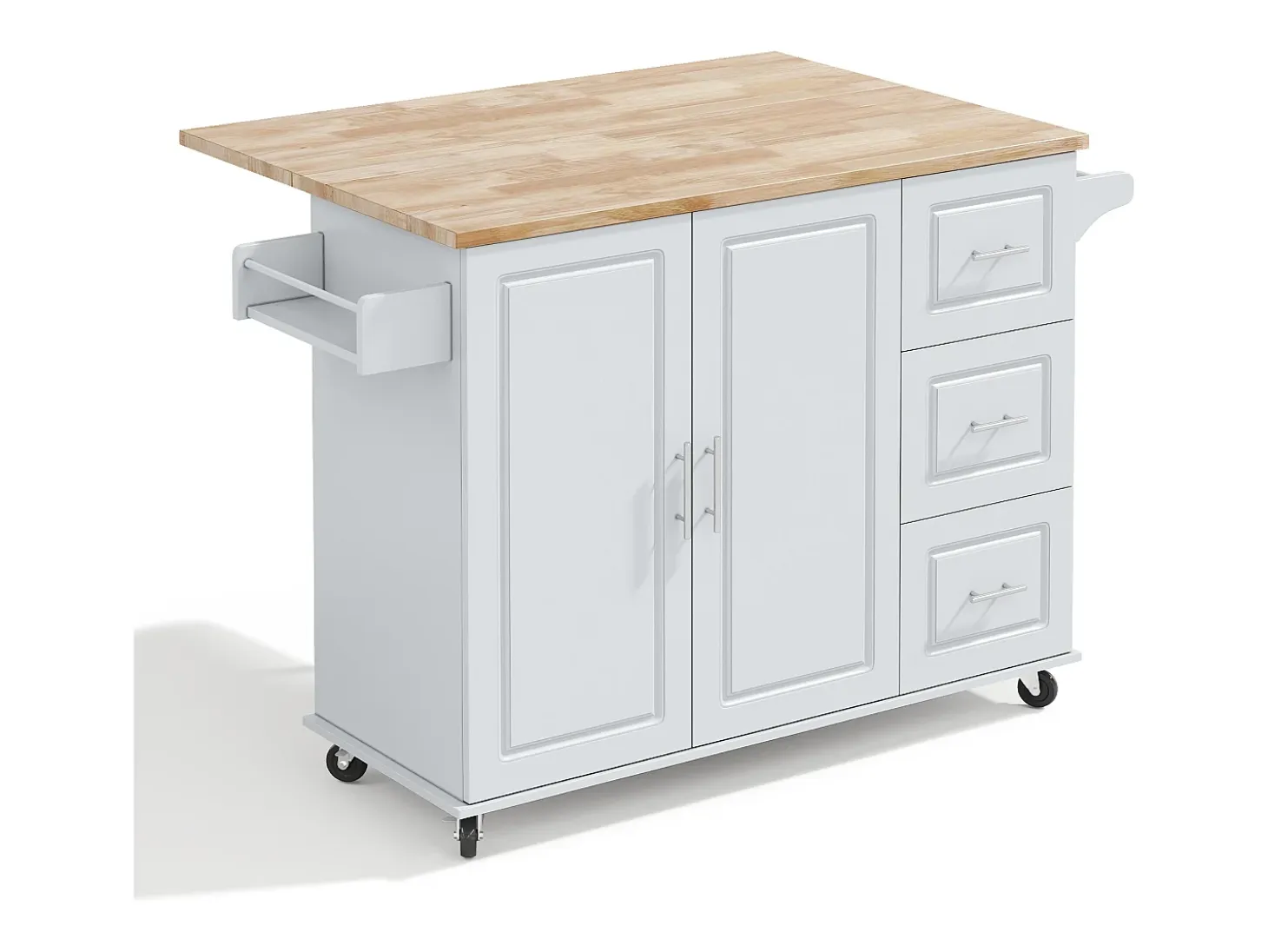 Isla de cocina con ruedas 137x43/76 cm con 3 cajones y 2 puertas - Gris y madera