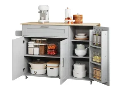 Isla de cocina con ruedas - 3 puertas y cajón - Encimera imitación madera - Gris
