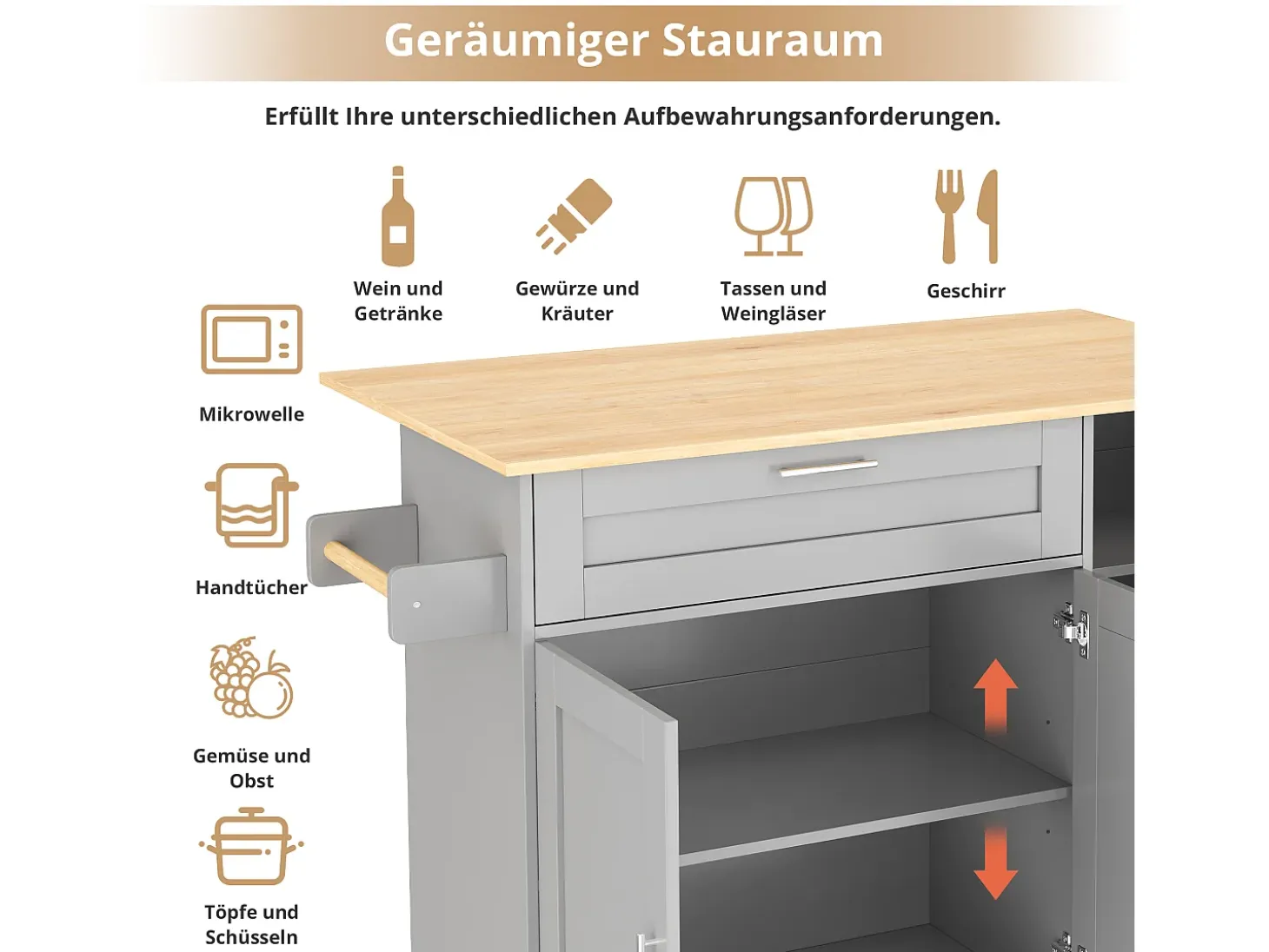 Isla de cocina con ruedas - 3 puertas y cajón - Encimera imitación madera - Gris