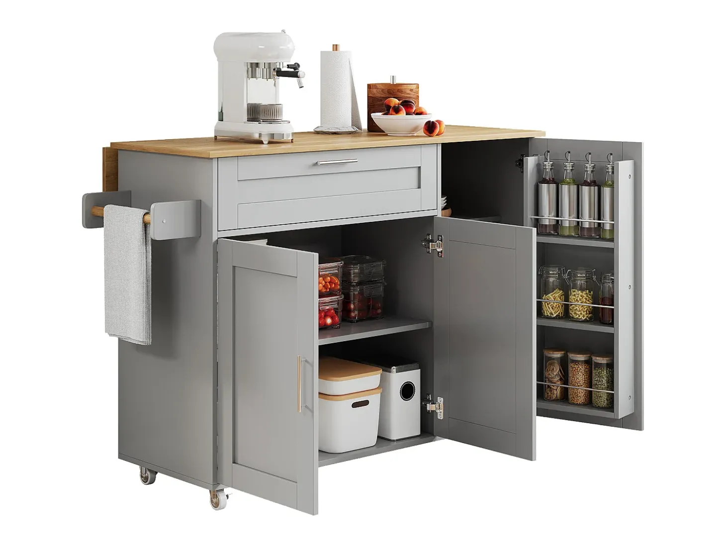 Isla de cocina con ruedas - 3 puertas y cajón - Encimera imitación madera - Gris
