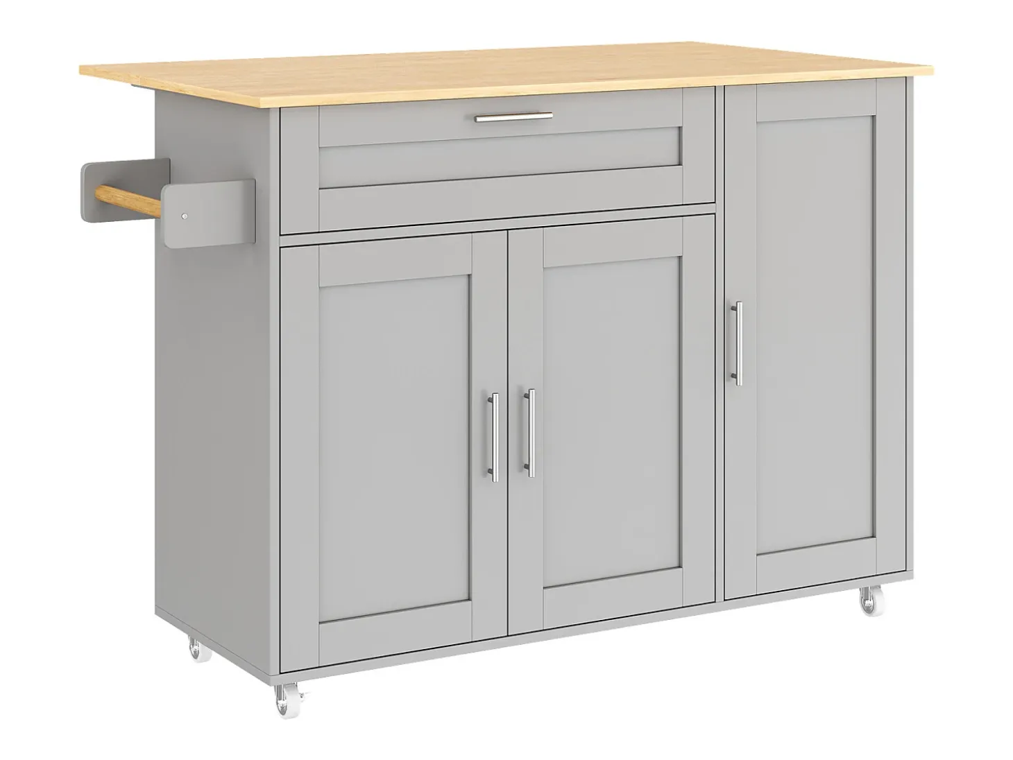 Isla de cocina con ruedas - 3 puertas y cajón - Encimera imitación madera - Gris