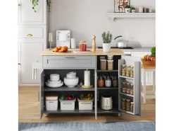 Isla de cocina con ruedas - 3 puertas y cajón - Encimera imitación madera - Gris