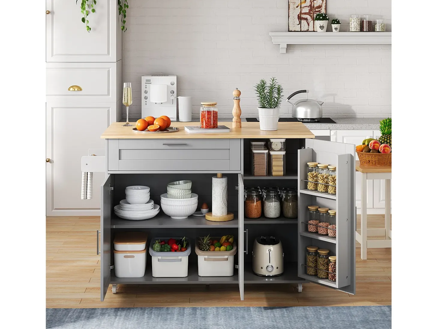 Isla de cocina con ruedas - 3 puertas y cajón - Encimera imitación madera - Gris