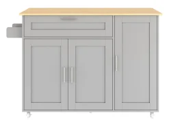 Isla de cocina con ruedas - 3 puertas y cajón - Encimera imitación madera - Gris