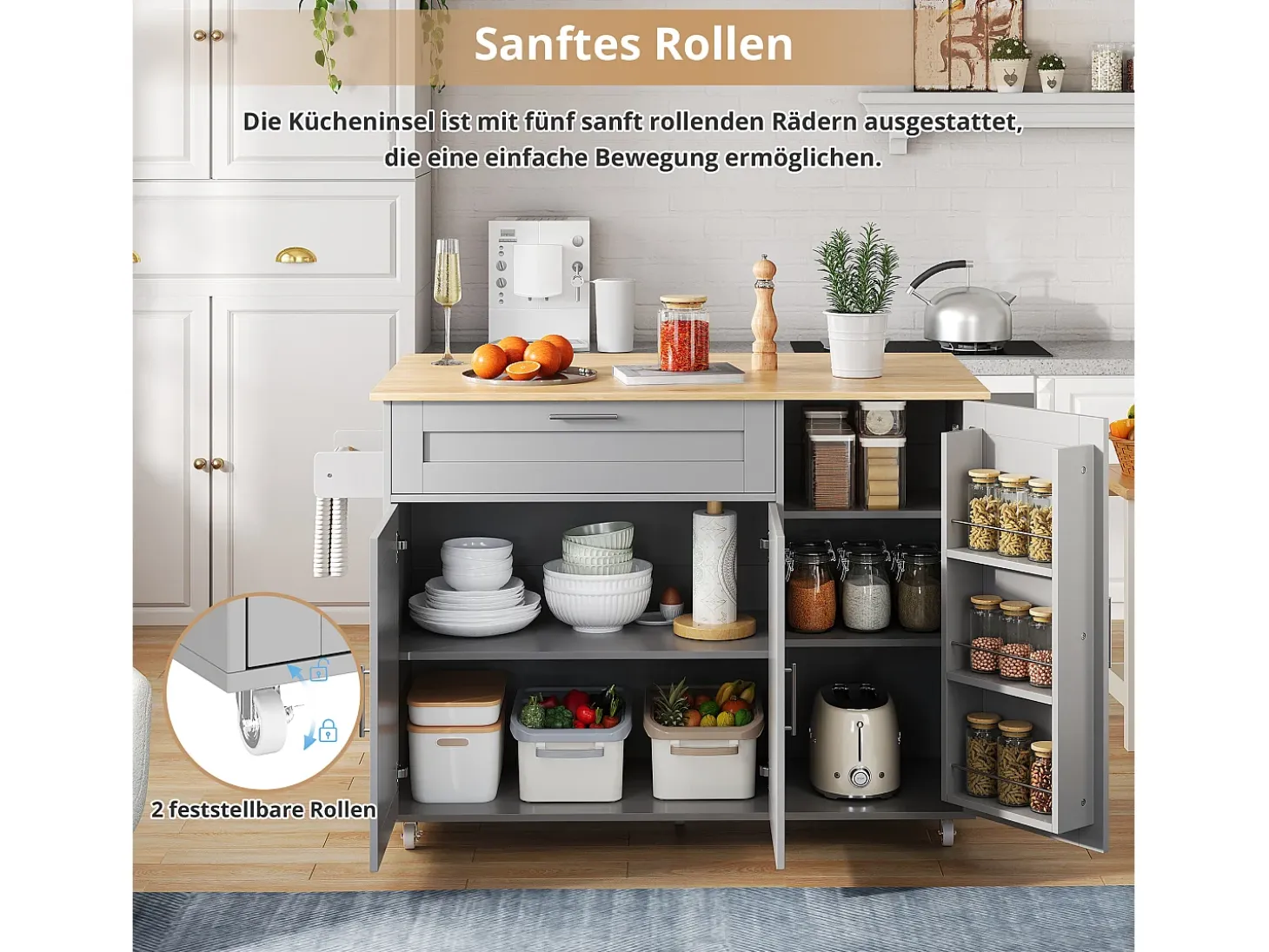 Isla de cocina con ruedas - 3 puertas y cajón - Encimera imitación madera - Gris